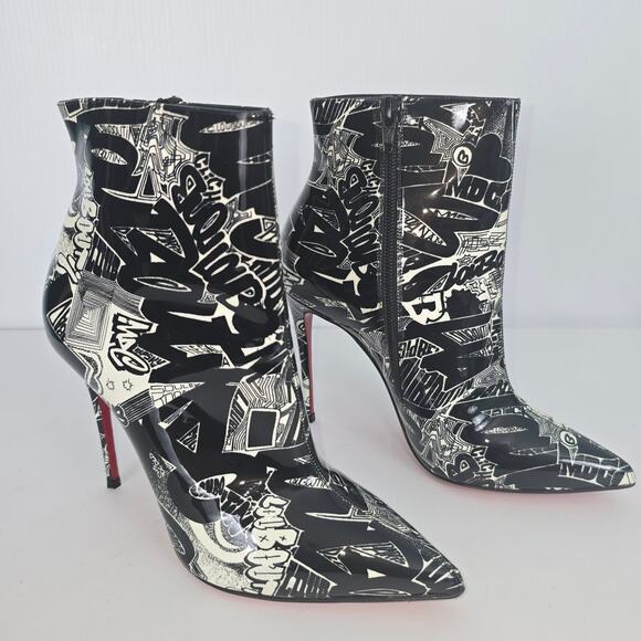 Christian Louboutin So Kate 100 Graffiti Patented Ankle Bootie Black White 35.5 - Picture 3 of 15